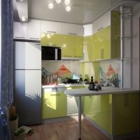 Кухня с фасадами из крашенного МДФ в алюм. рамке оливка